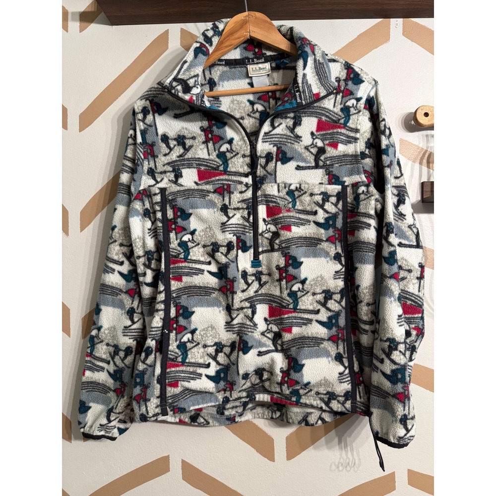 LL Bean Fleece Half Zip Women Medium Multi Color Vintage‎ Ski Graphic Pullover